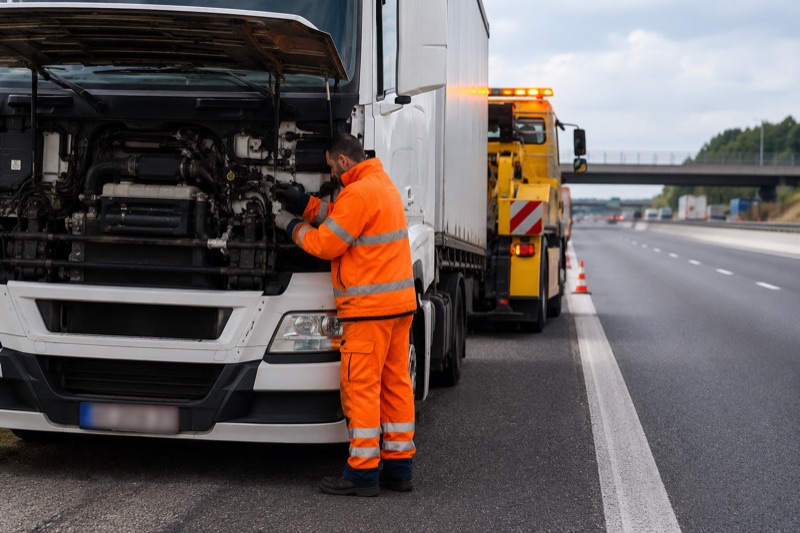 A technician in orange hi-vis coveralls repairing a white semi truck stopped on the highway shoulder, hood open, with a yellow service truck parked behind