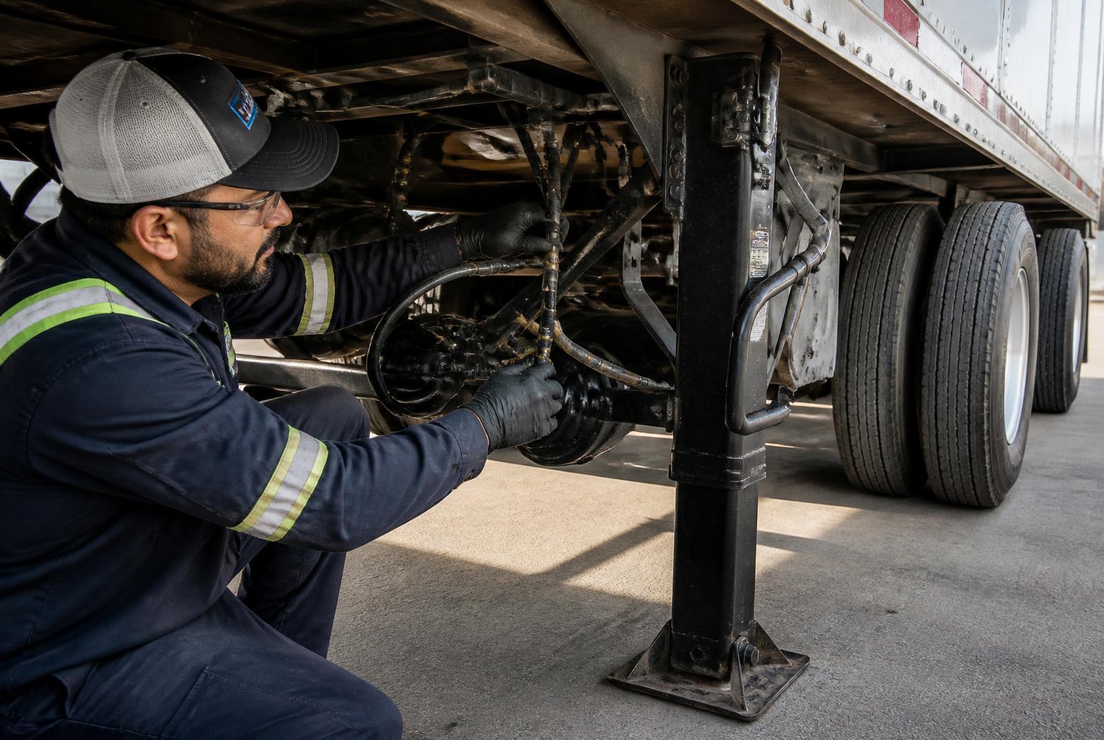 A technician inspecting the landing gear and air lines underneath a semi-trailer in a yard